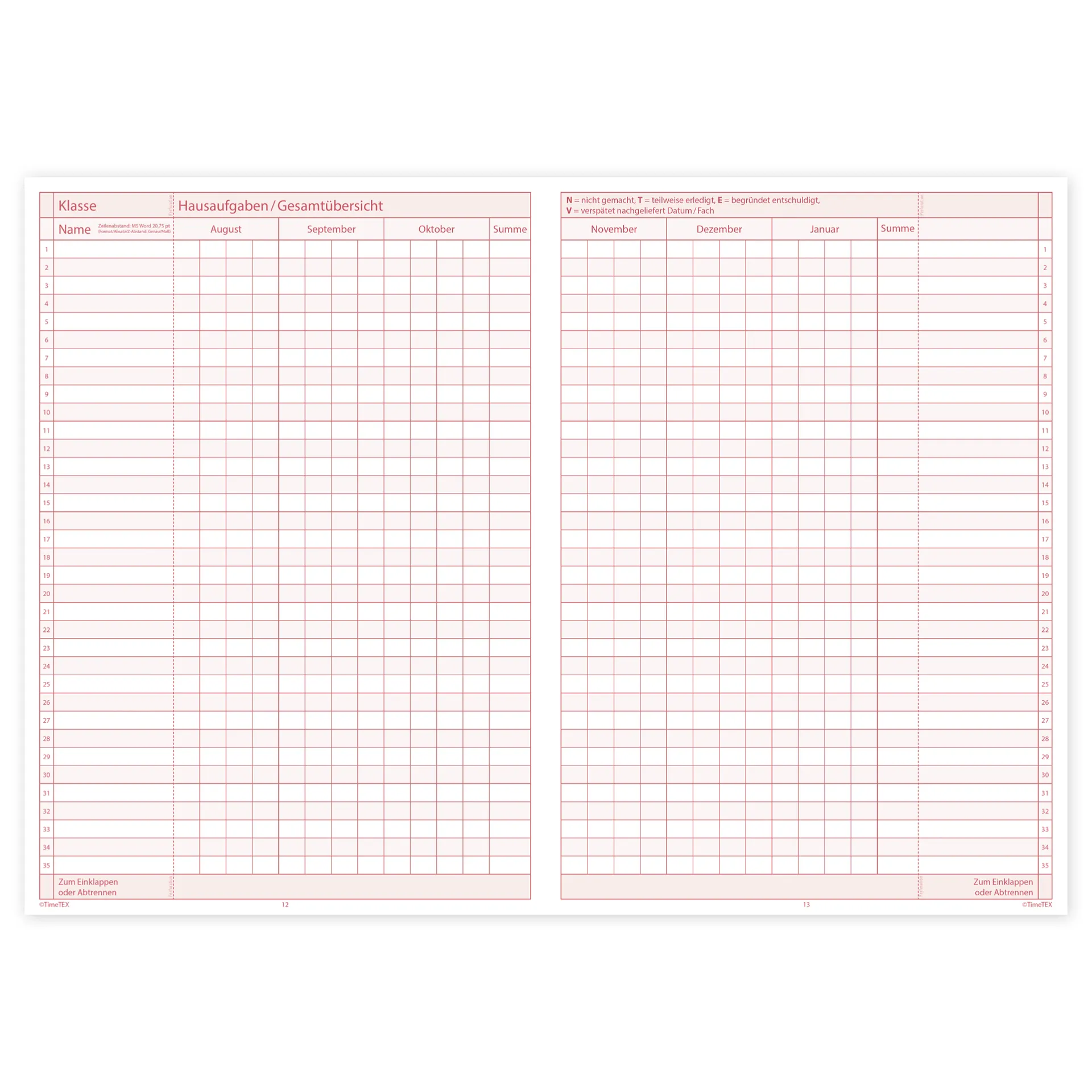 TimeTEX Klassen-Checklisten, A4 