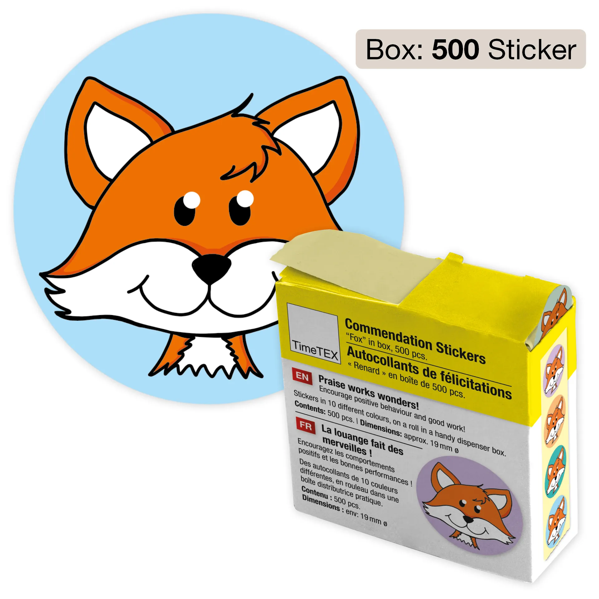 Belobigungs-Aufkleber "Fuchs" in Spender-Box, 500 Stück