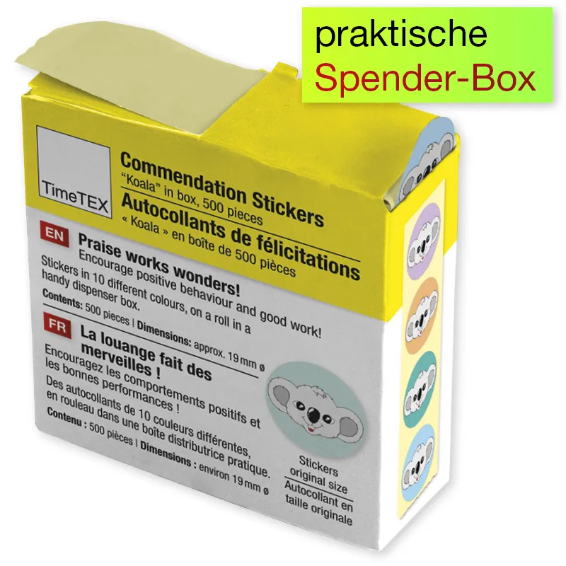 Belobigungs-Aufkleber "Koala" in Spender-Box, 500 Stück
