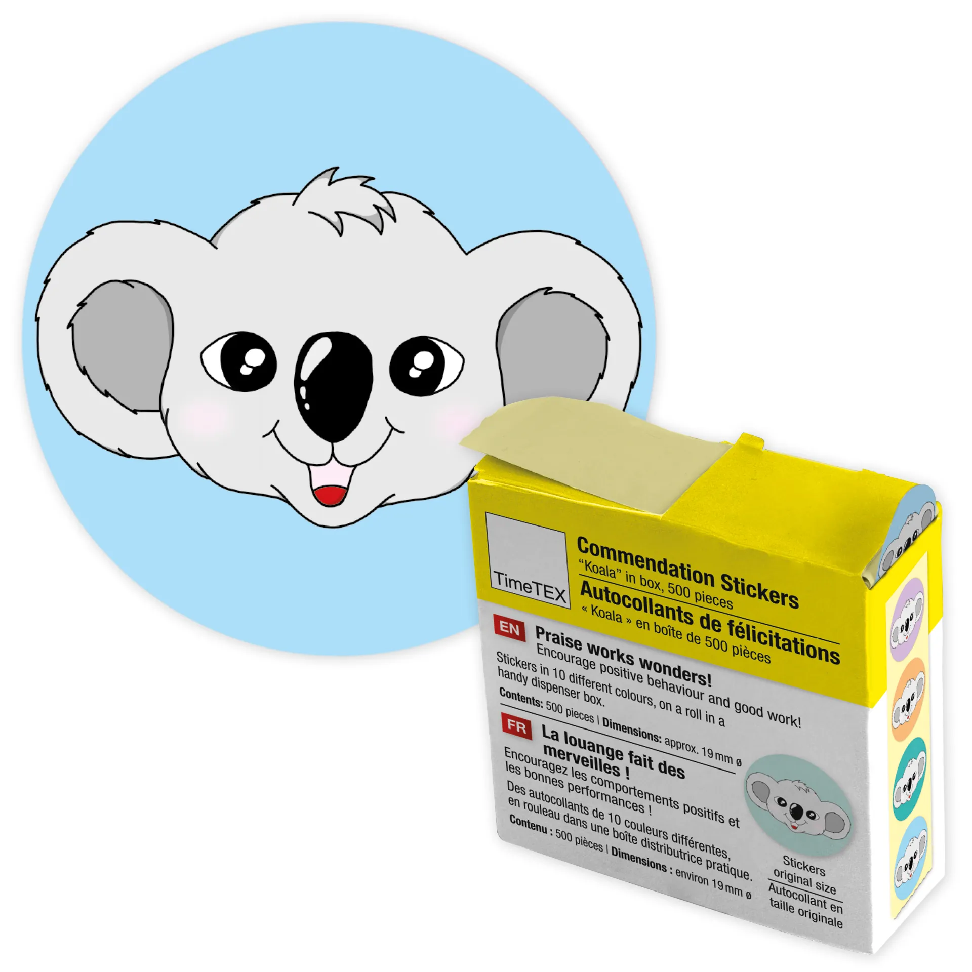 Belobigungs-Aufkleber "Koala" in Spender-Box, 500 Stück