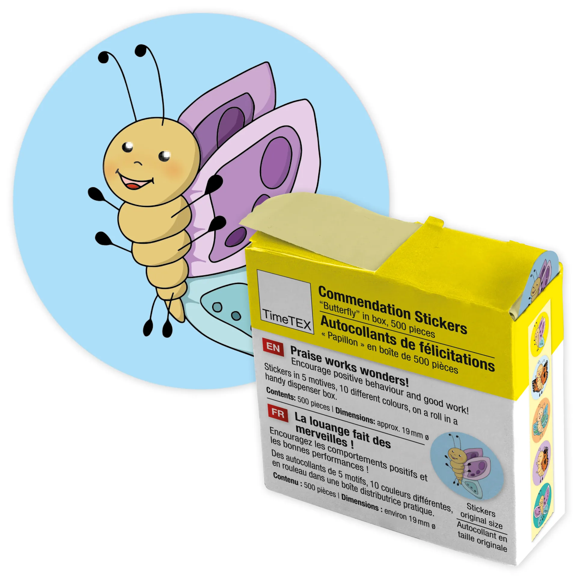 Belobigungs-Aufkleber "Schmetterling" in Spender-Box, 500 Stück